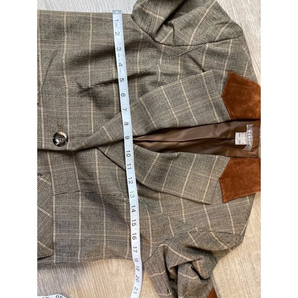 Kenar Brown Plaid Suede Leather Trim Elbow Pads Single Button Blazer Sz 8 - Picture 7 of 10